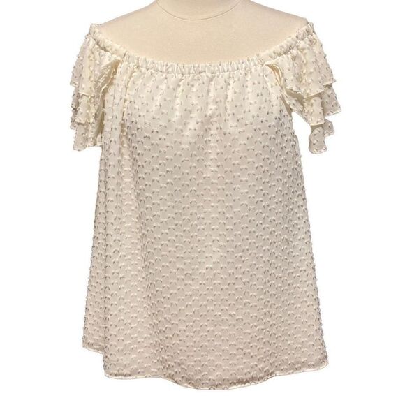 EUC Banana Republic Ivory Cream Eyelash Dot Ruffle Off the Shoulder Blouse sz M - Picture 4 of 9